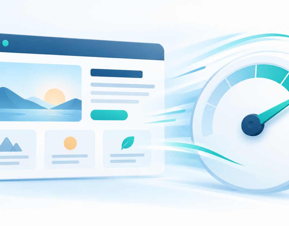 Ventana de una web y velocímetro que ilustran la optimización del tiempo de carga
