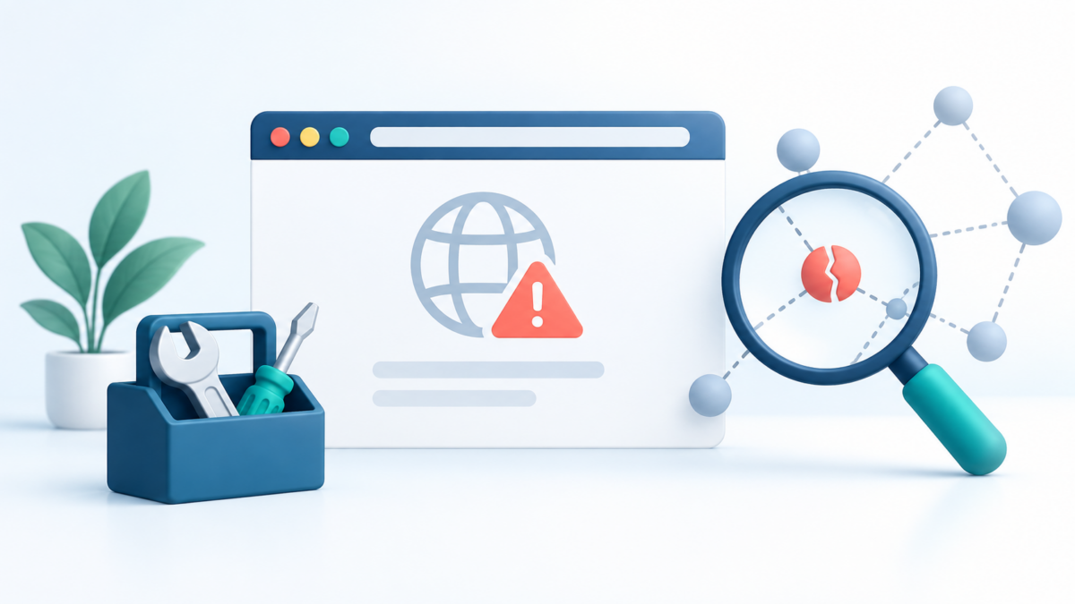 Troubleshooting an unavailable website with a magnifying glass, warning symbol and repair tools