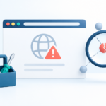 Diagnóstico de una web no disponible con lupa, aviso de error y herramientas
