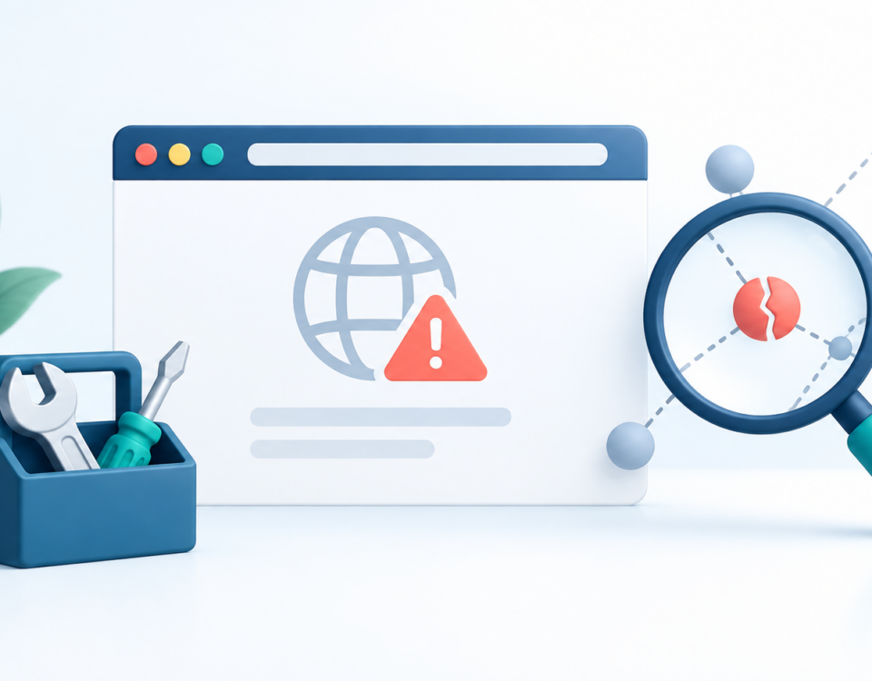 Diagnóstico de una web no disponible con lupa, aviso de error y herramientas