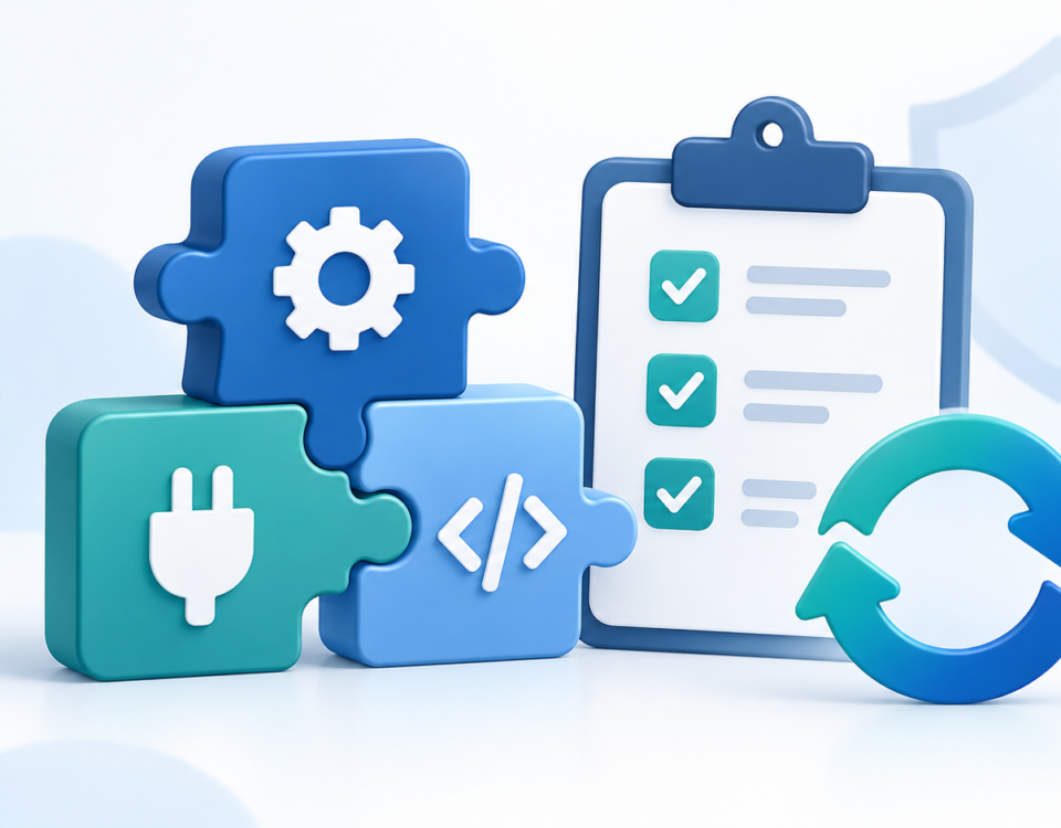 Plugin-Bausteine mit Checkliste und Aktualisierungspfeilen